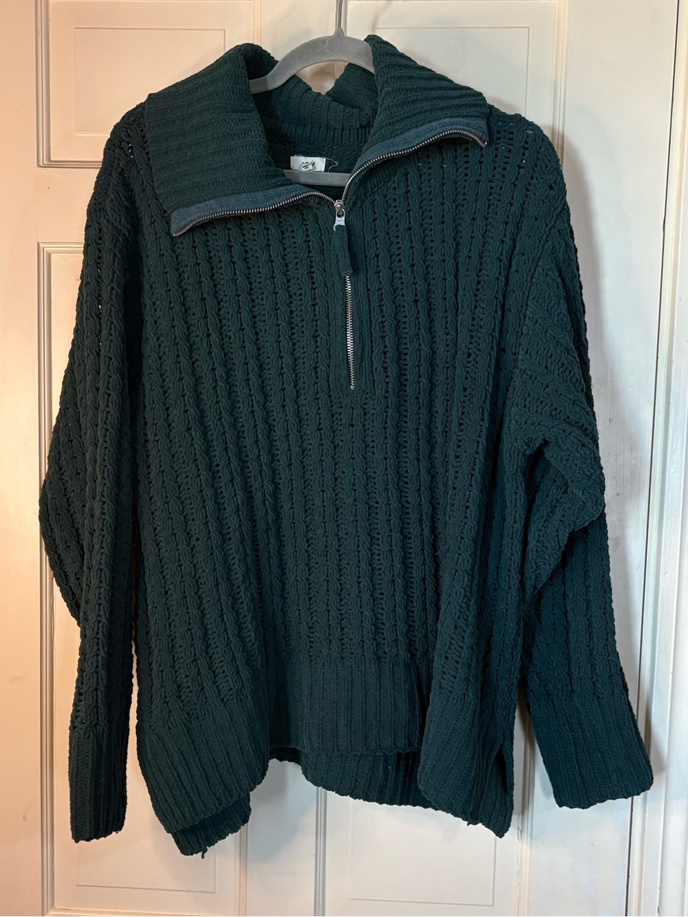Aerie Cable Car Forest Green Quarter Zip Knit Oversized Sweater Pointelle Medium